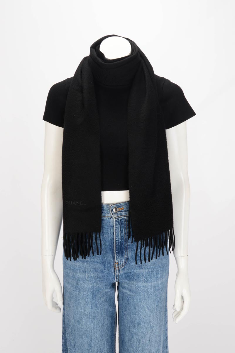 Chanel Black Cashmere Fringed Scarf