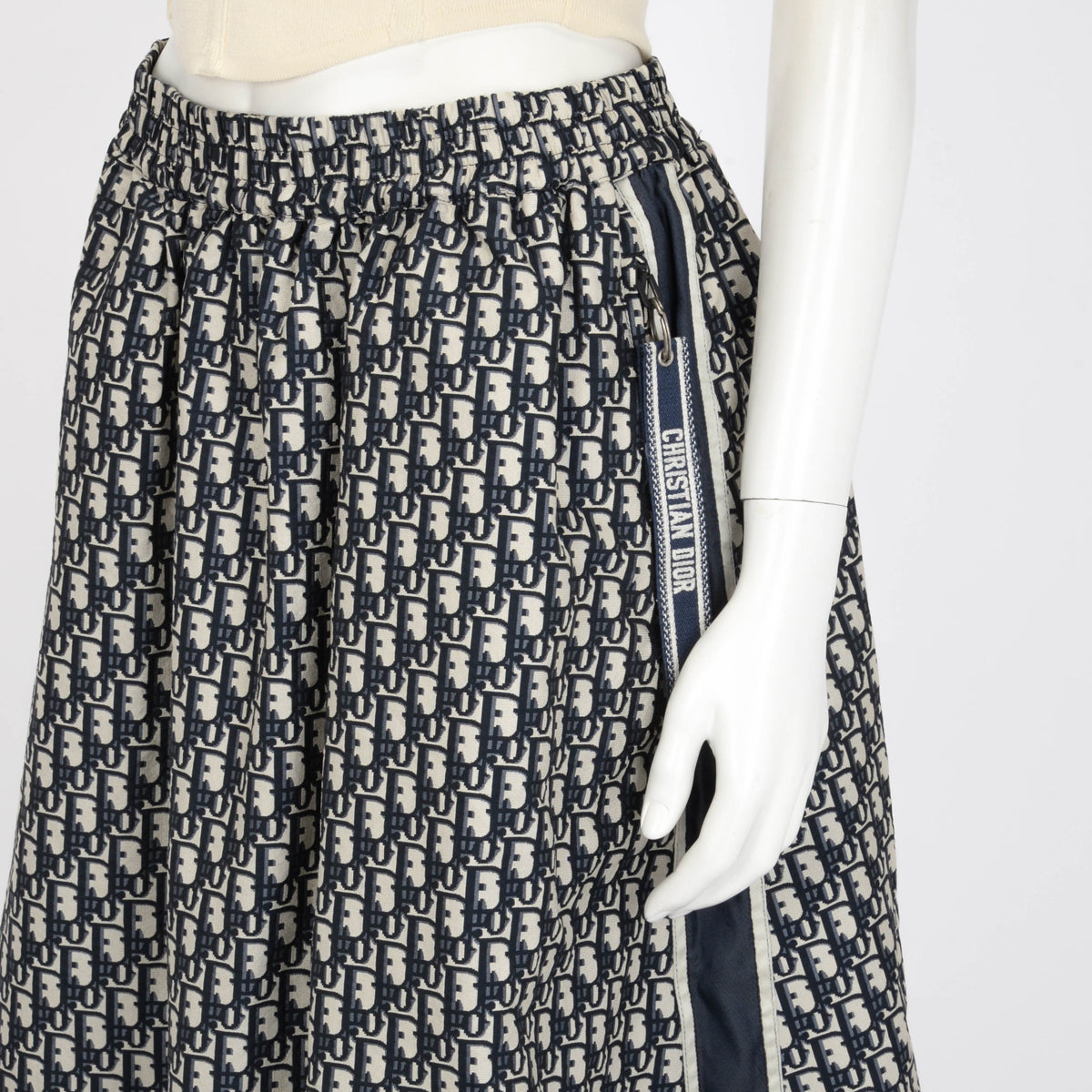 Dior Navy Technical Taffeta Oblique Logo Stripe Skirt FR 40