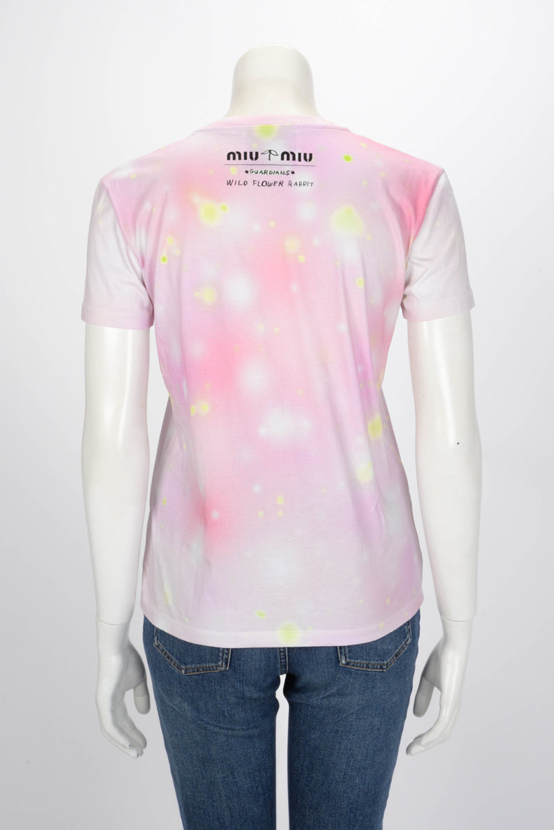 Miu Miu Pink Cotton Wild Flower Rabbit Print T-Shirt S