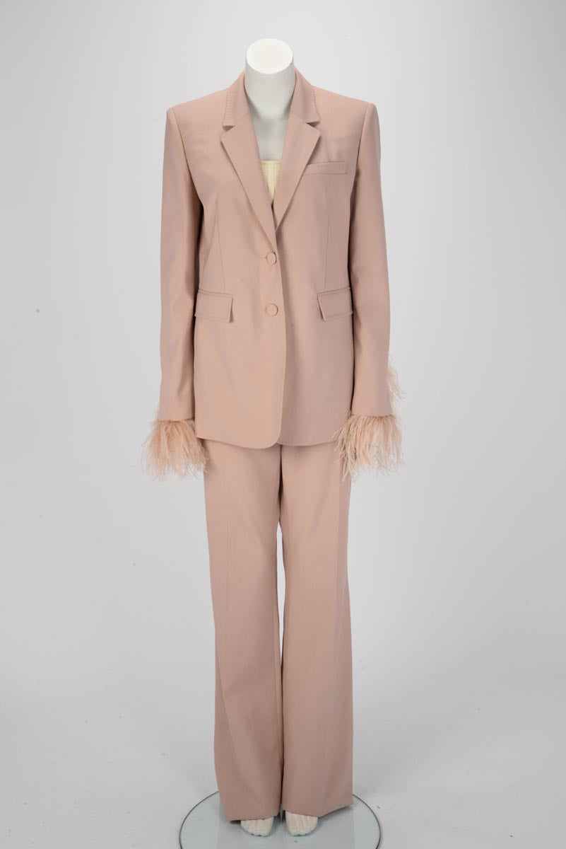 Valentino Sand Wool Feather Trim Jacket IT 44