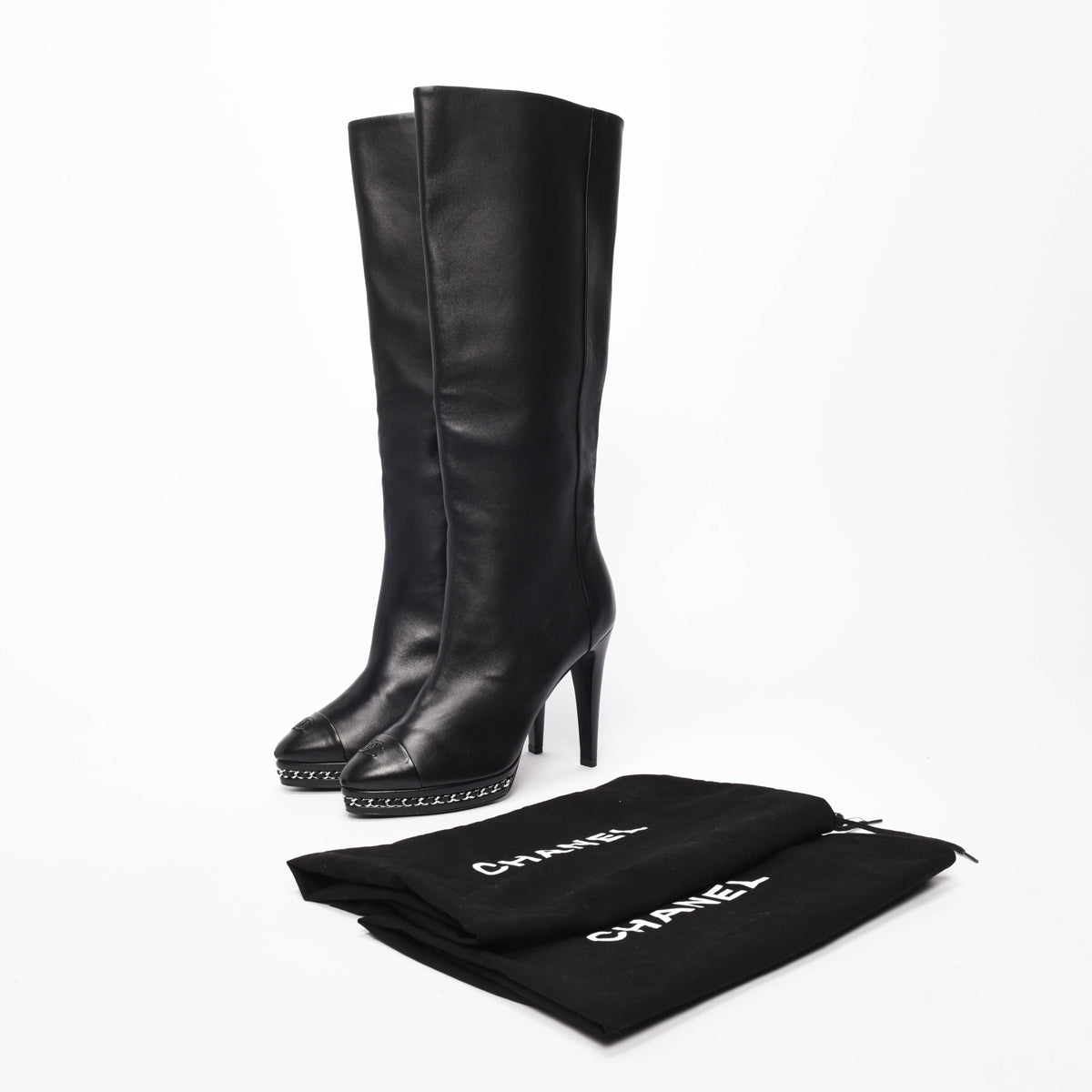Chanel Black Lambskin CC Cap Toe Knee High Boots 40