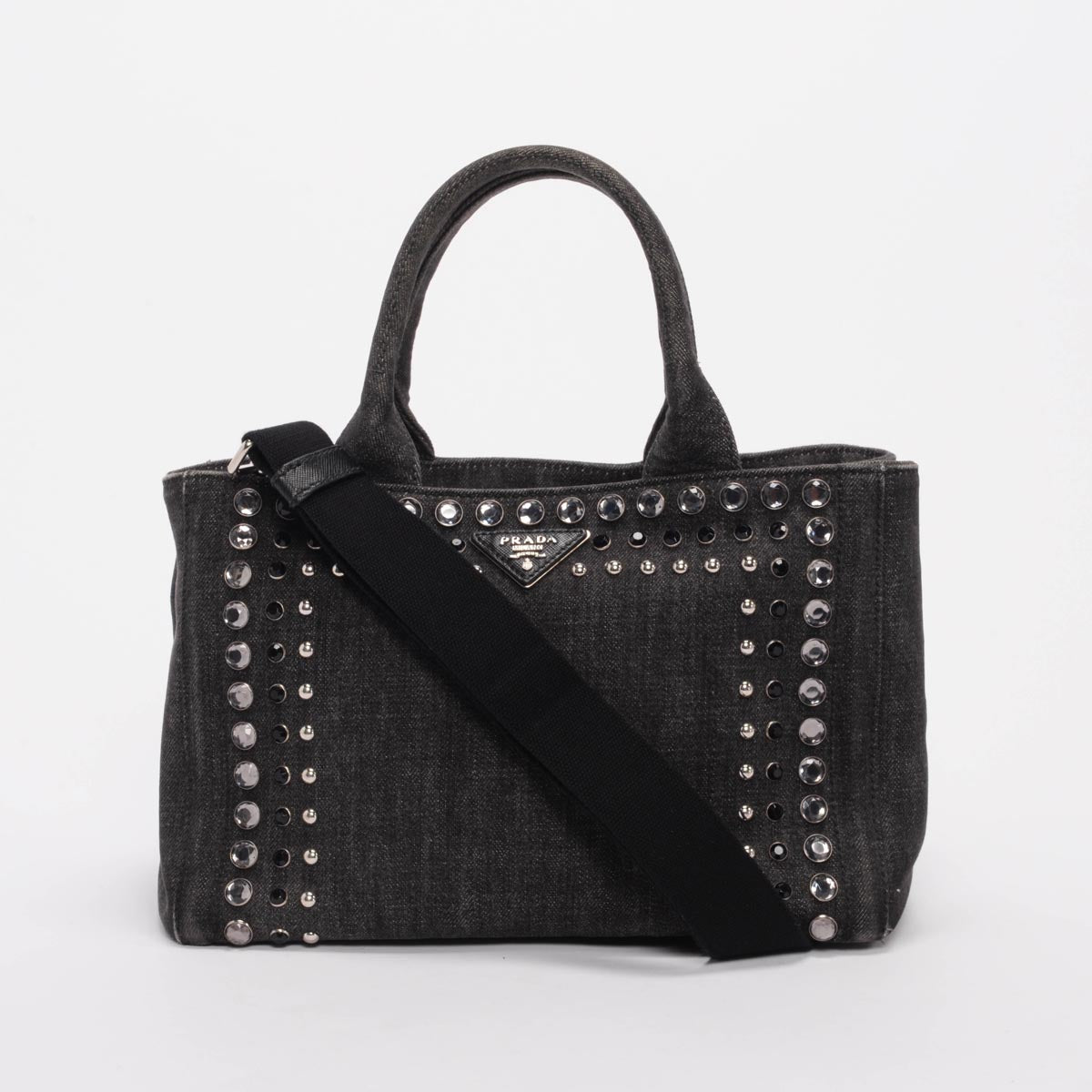 Prada Charcoal Denim Crystal Studded Canapa Tote