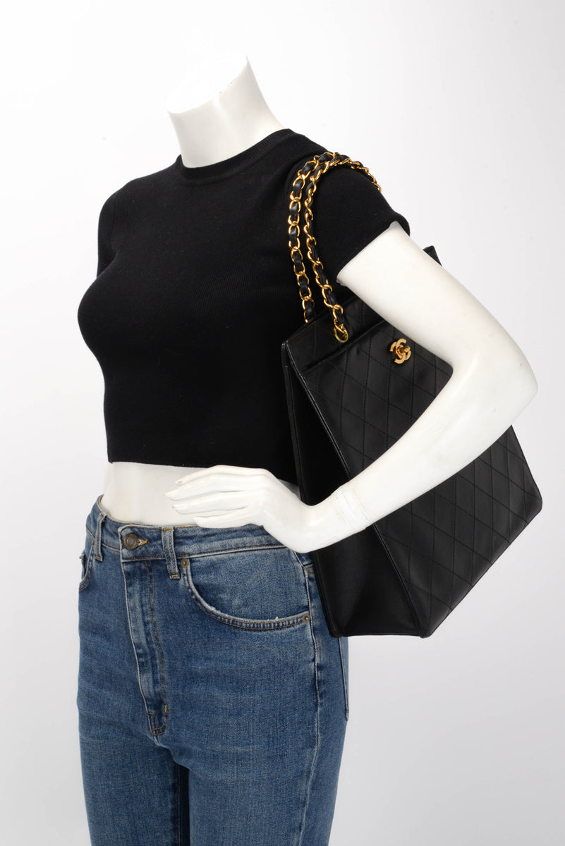 Chanel Vintage Black Quilted Lambskin Vertical Tote