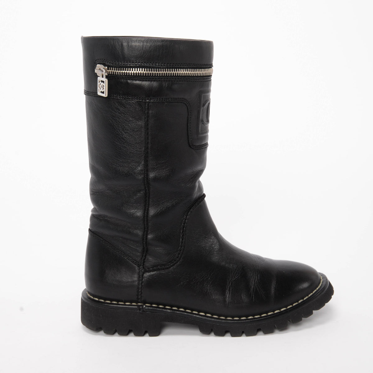 Chanel Black Calfskin Motorcycle Zipper Boots 36