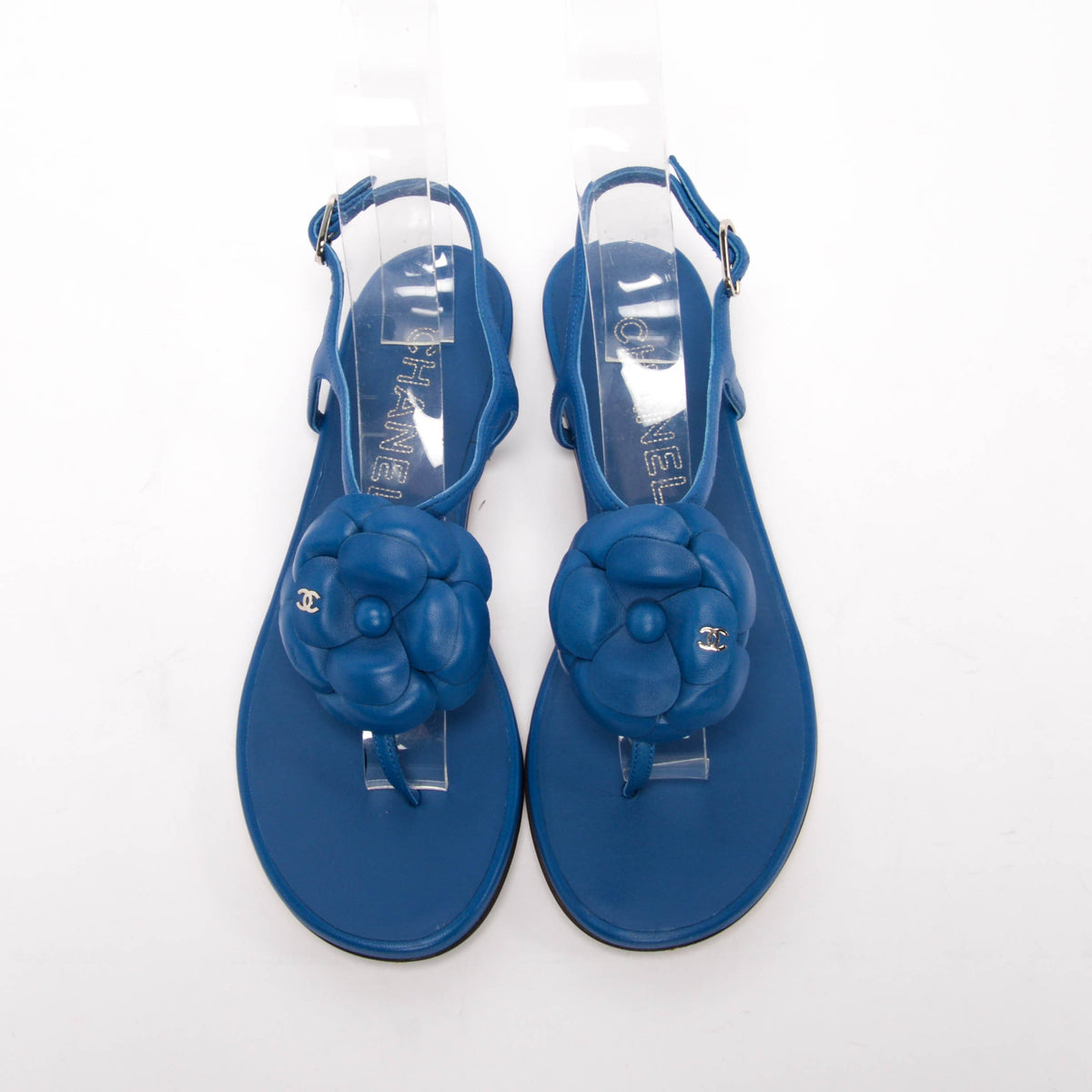 Chanel Blue Lambskin CC Camellia Thong Sandals 37