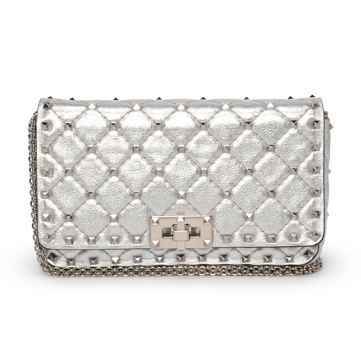 Valentino Silver Lambskin Rockstud Spike Wallet on Chain
