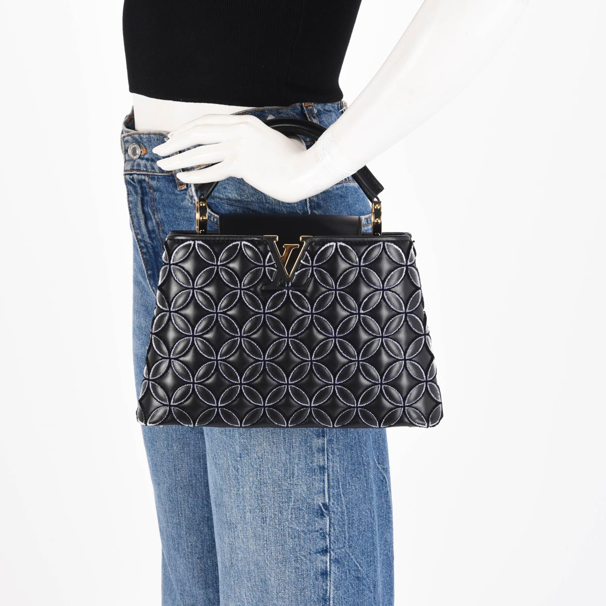 Louis Vuitton Black Lambskin Flocked Flower Capucines BB