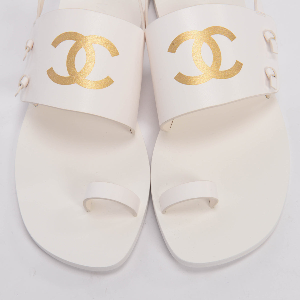 Chanel White & Gold Leather CC Strap Sandals 40