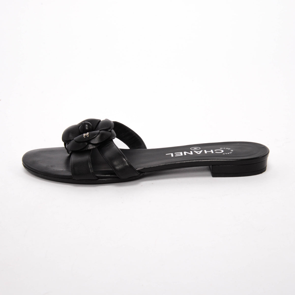 Chanel Black Lambskin Camellia Thong Sandals 38.5