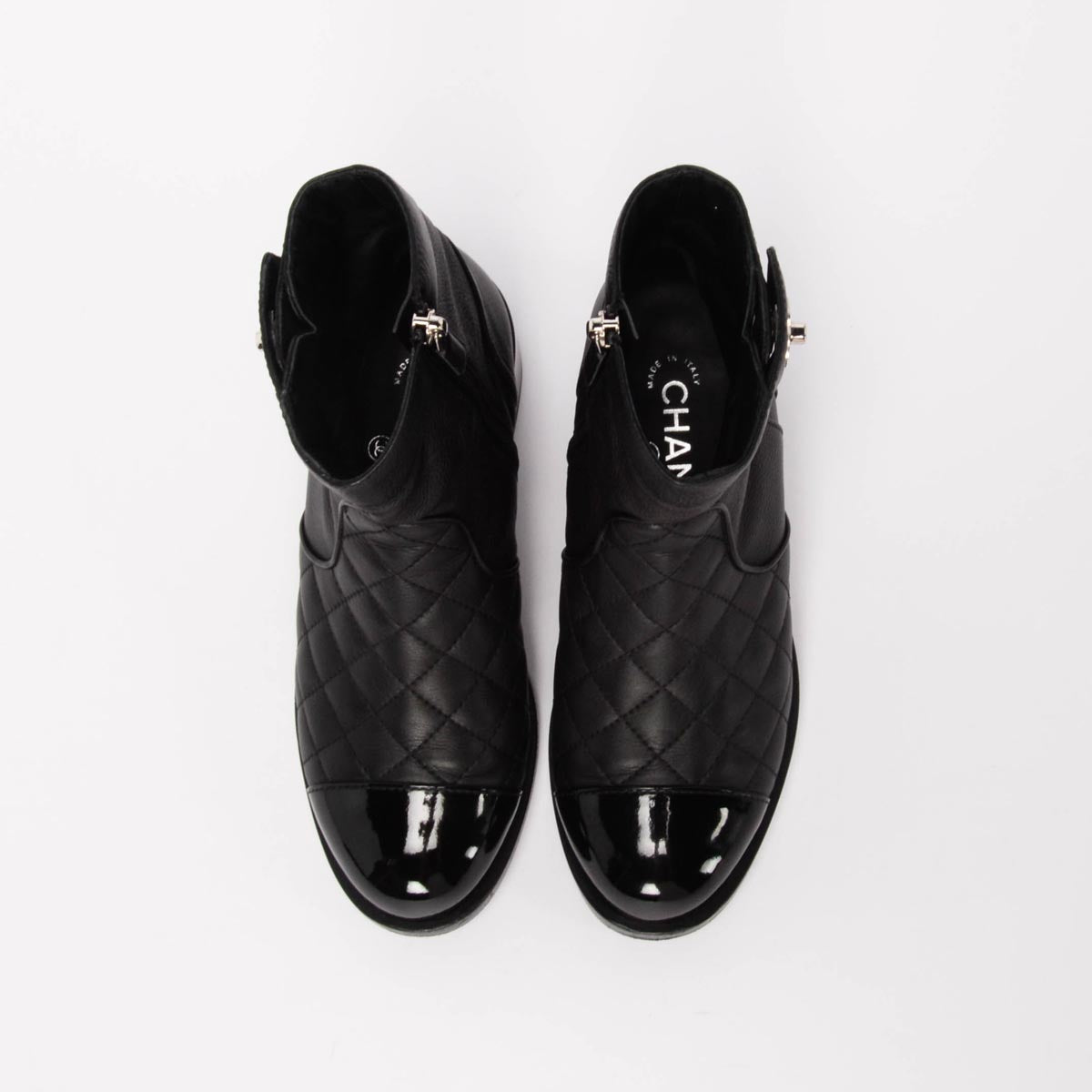 Chanel Black Calfskin & Patent Cap Toe Ankle Boots 36