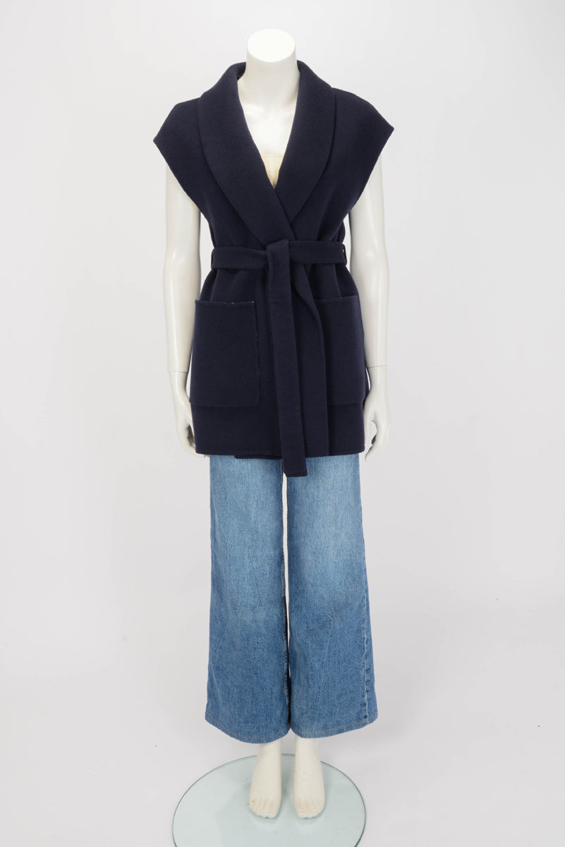 Dior Navy Wool Double Face Sleeveless Belted Coat FR 40