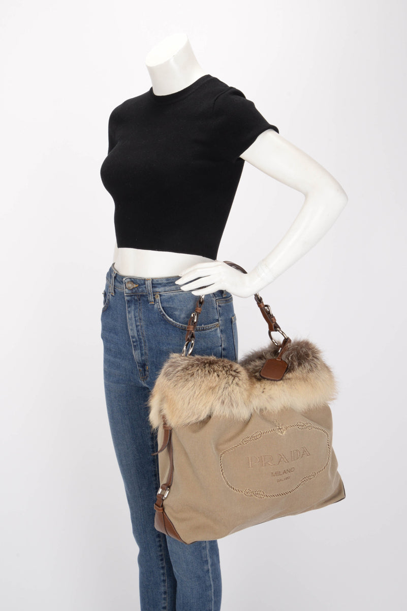Prada Beige Logo Jacquard and Fur Hobo Bag