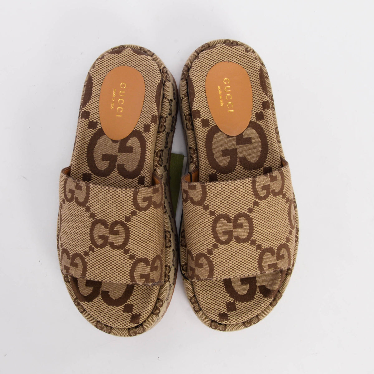 Gucci Camel Maxi GG Canvas Platform Slides 36.5