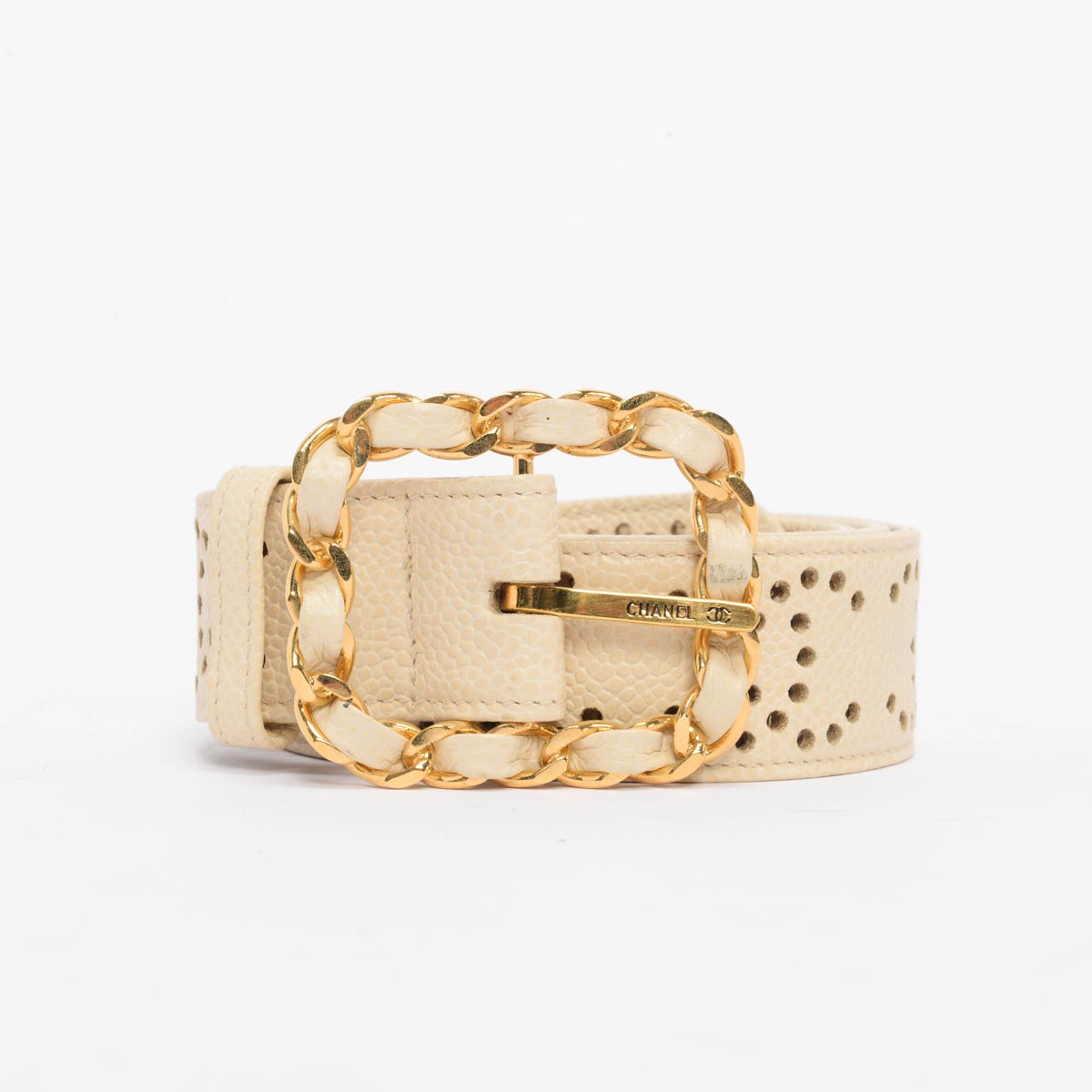 Chanel Cream Caviar Leather Perforated CC Belt