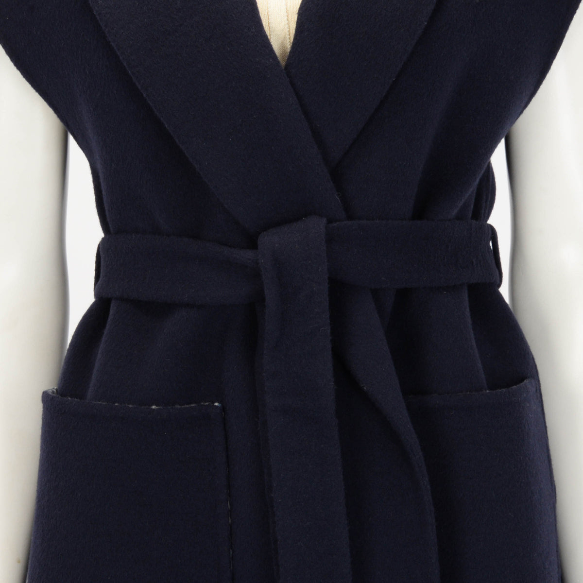 Dior Navy Wool Double Face Sleeveless Belted Coat FR 40