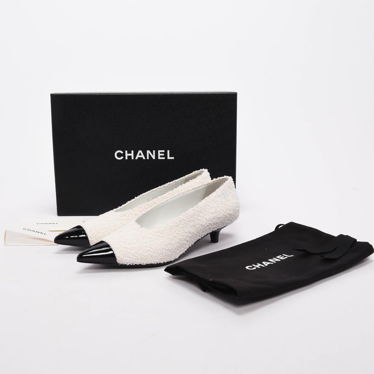 Chanel White Boucle Kitten Heel Pumps 36.5