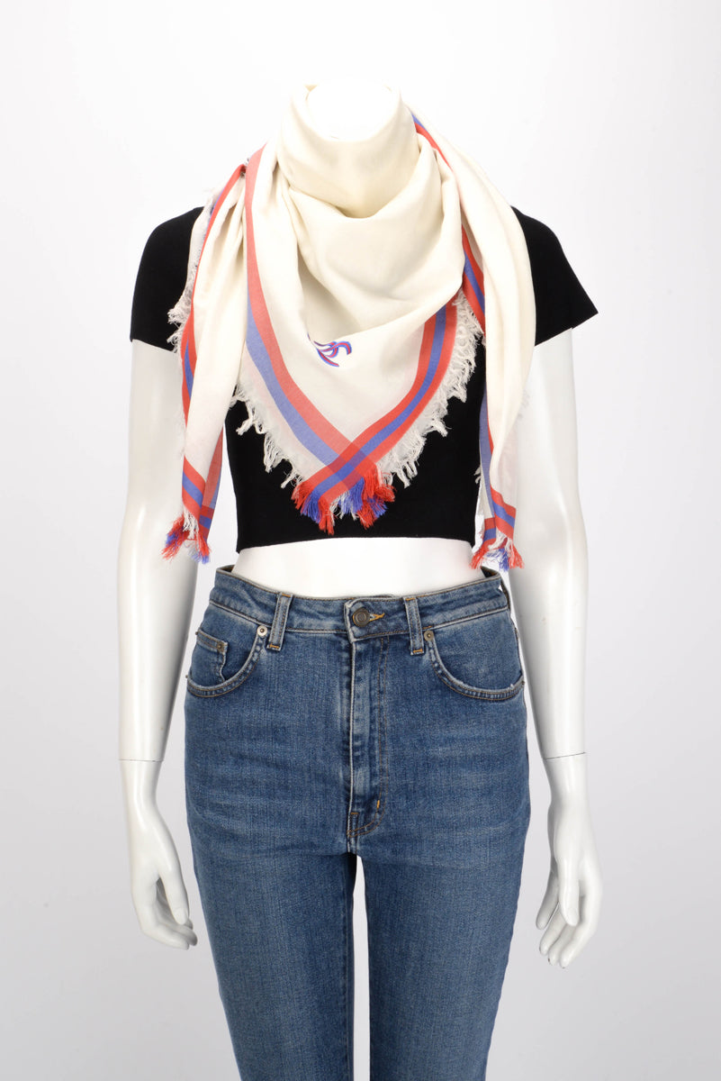 Chanel White Striped Cotton & Silk CC Shawl