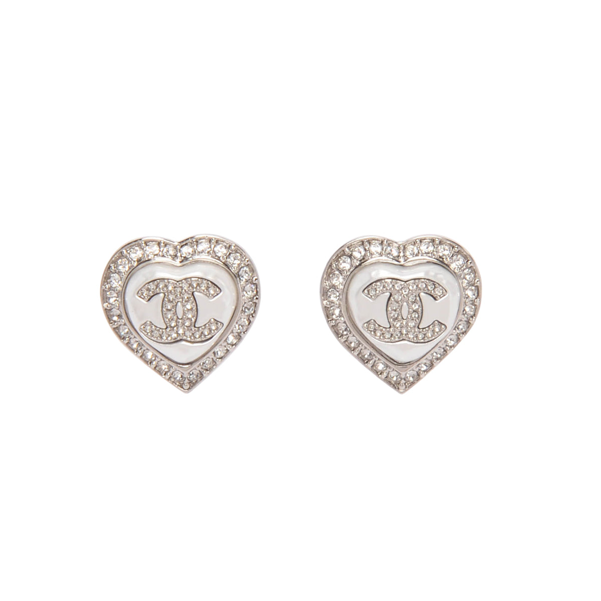Chanel Silver Crystal & Pearl CC Heart Clip-On Earrings