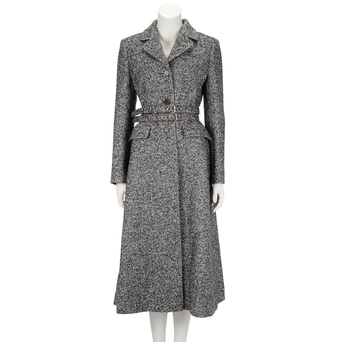 Dior Black & White Wool Tweed Belted Coat FR 40