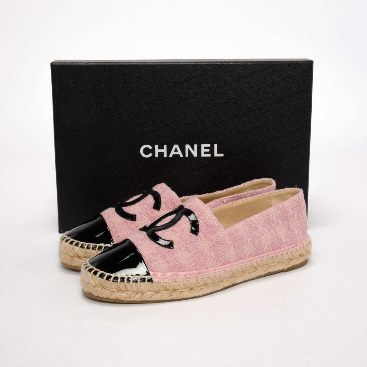 Chanel Pink & Black Tweed CC Espadrilles 38