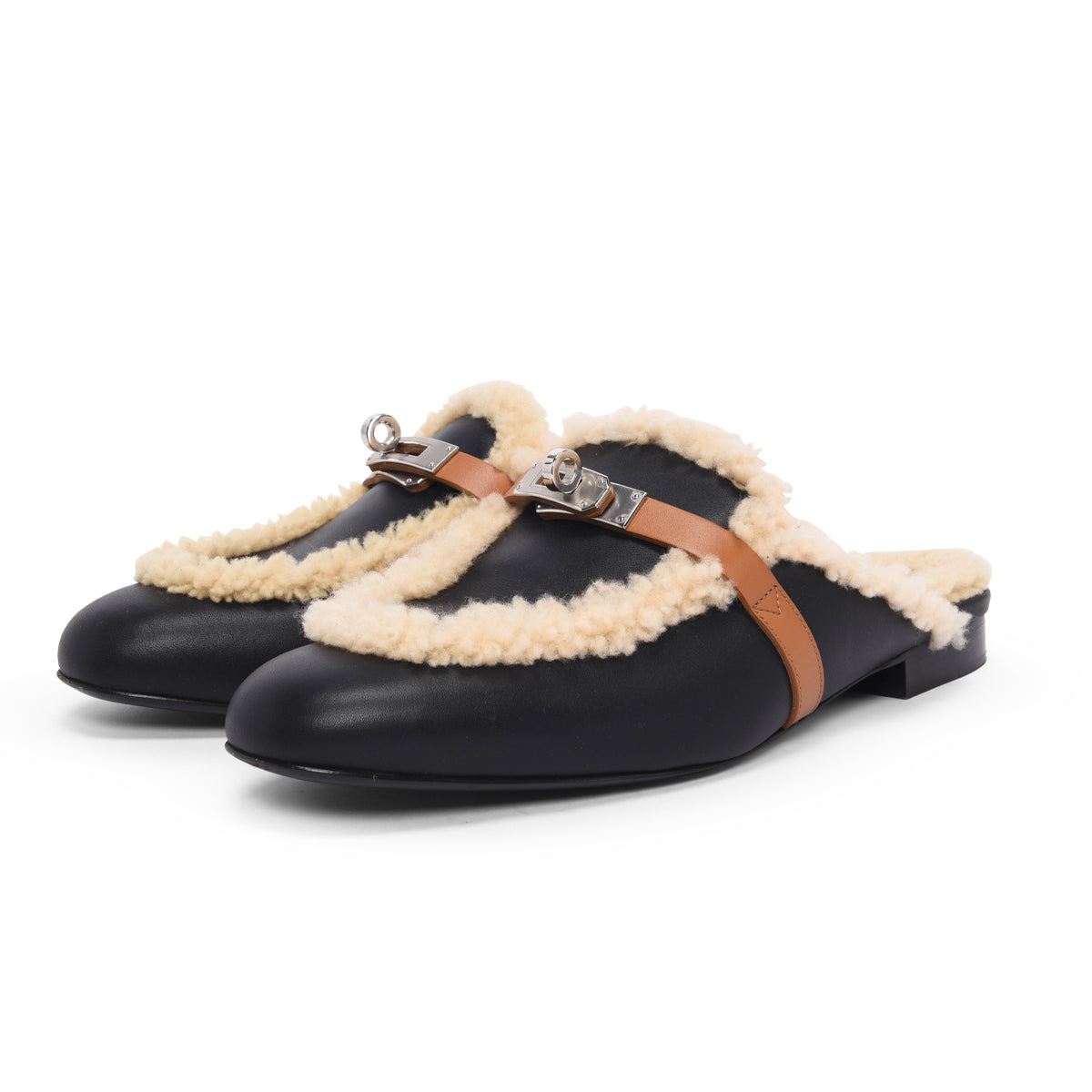 Hermes Black & Natural Goatskin & Shearling Oz Mules 39