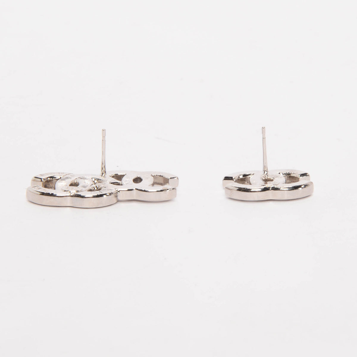 Chanel Silver Crystal Double CC Stud Earrings