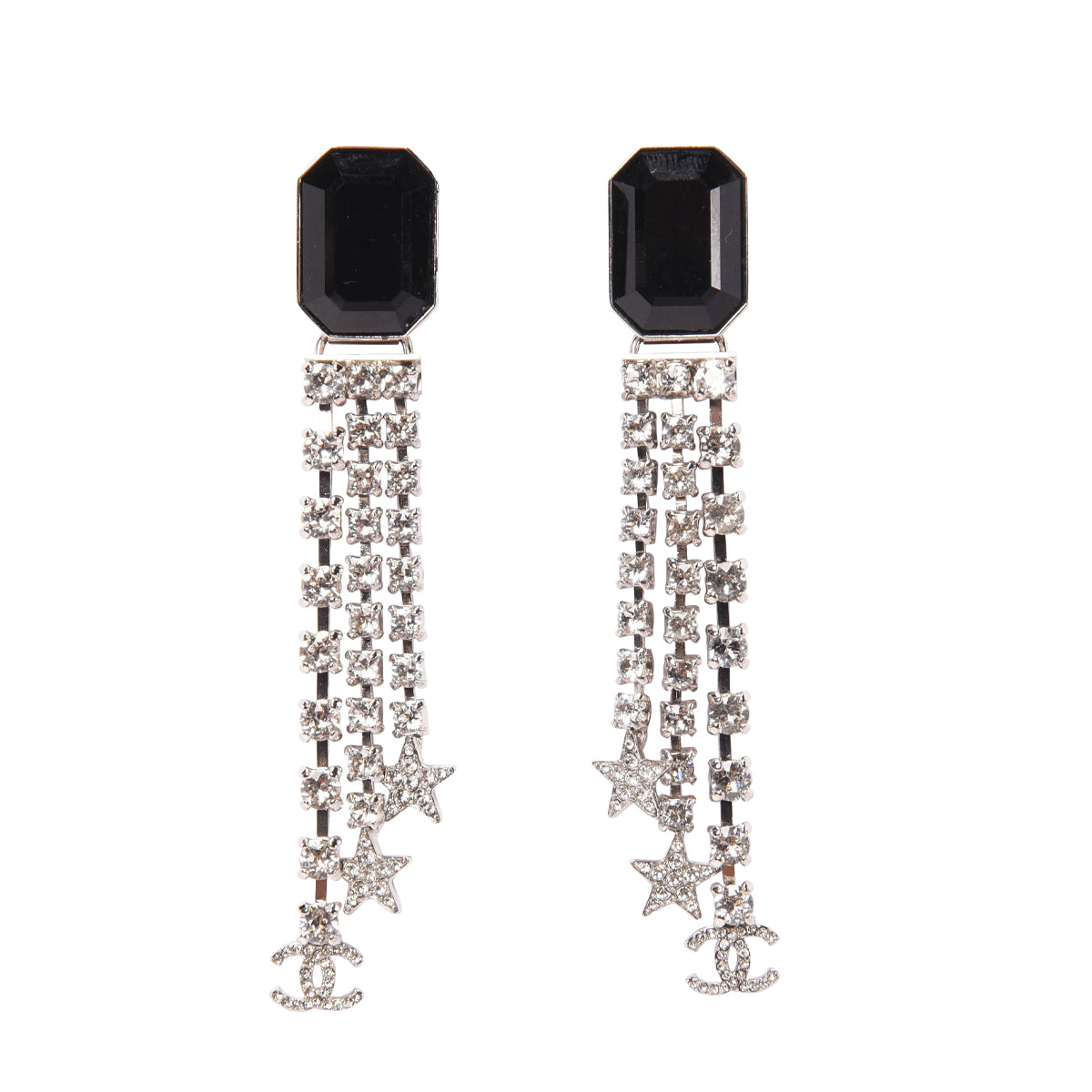 Chanel Silver & Black Crystal Star CC Drop Earrings
