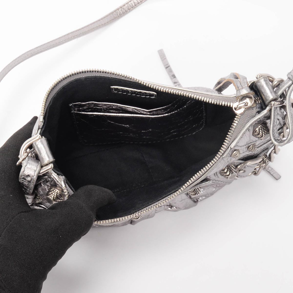 Balenciaga Silver Metallic Lambskin Le Cagole Mini Bag with Chain