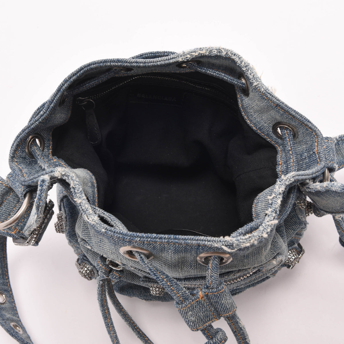 Balenciaga Blue Denim & Crystal BB Monogram Le Cagole Bucket Bag