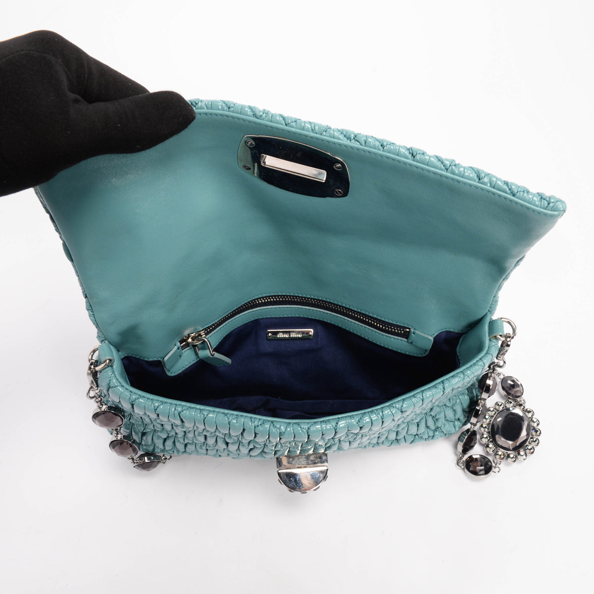 Miu Miu Mint Patent Matelasse Crystal Cross Body Bag