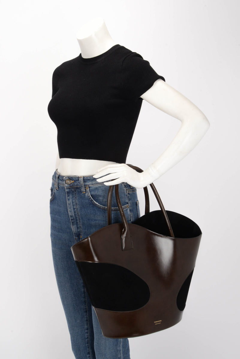 Ferragamo Brown & Black Calfskin & Suede Large Cut-Out Tote