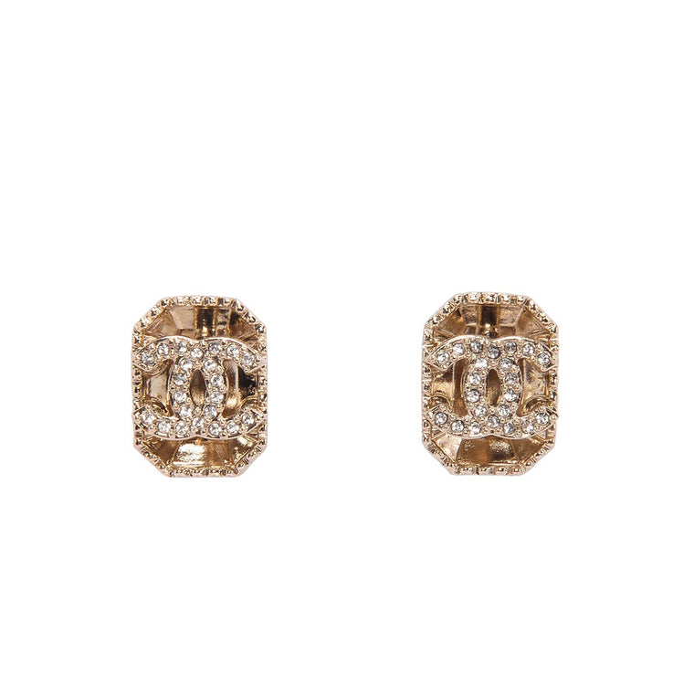 Chanel Light Gold Crystal CC Stud Earrings