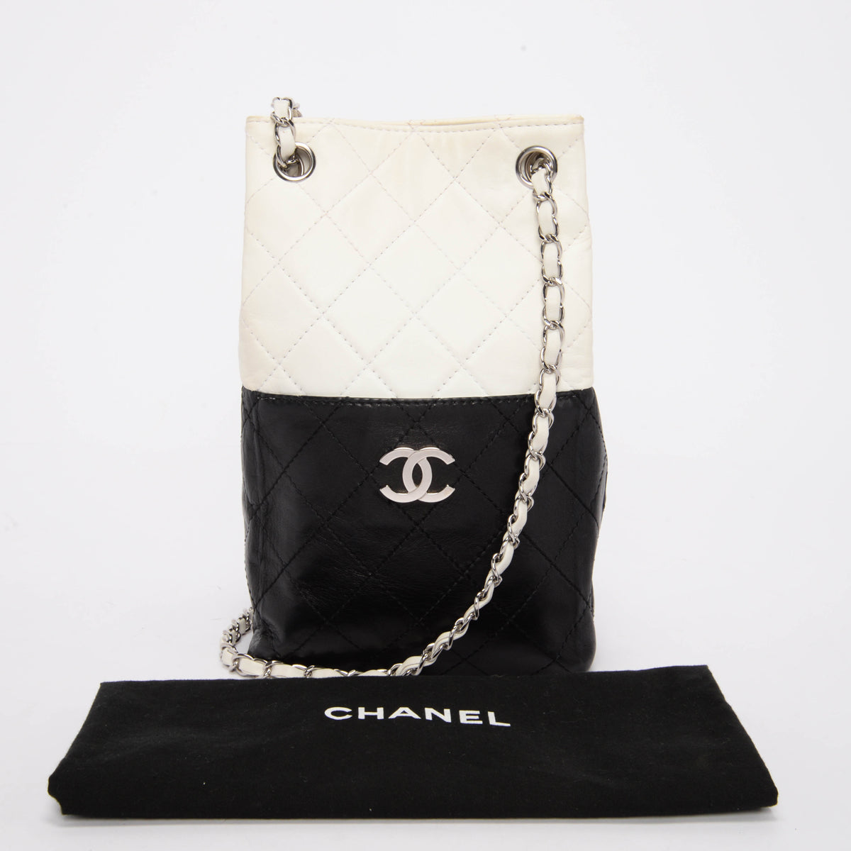 Chanel Black & White Quilted Lambskin Drawstring Shoulder Bag