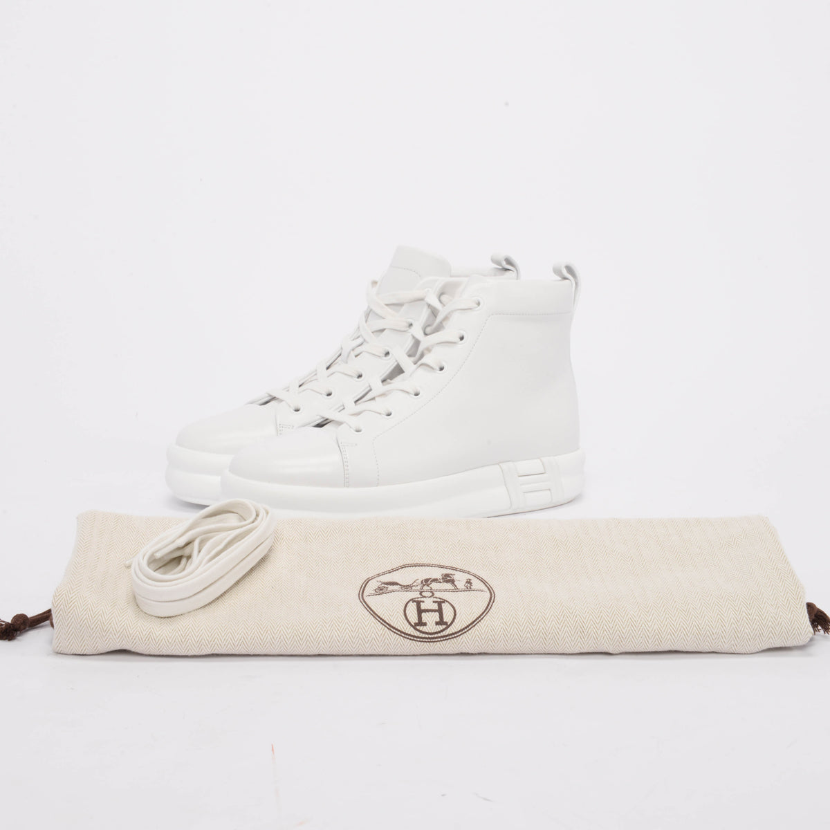 Hermes White Calfskin Happiness High-Top Sneakers 39