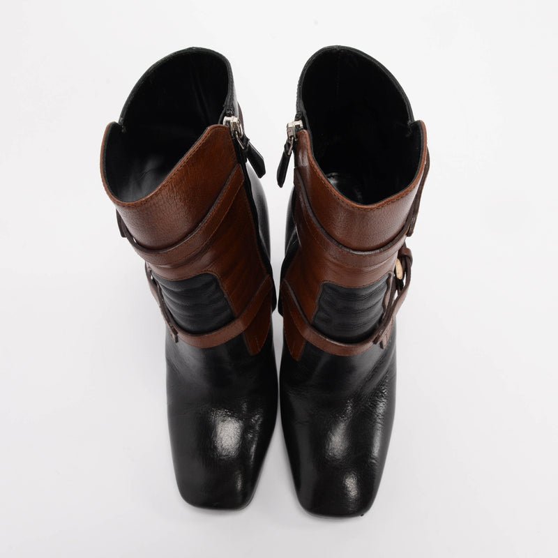 Prada Black & Tan Leather Strap Detail Boots 38.5 - Blue Spinach