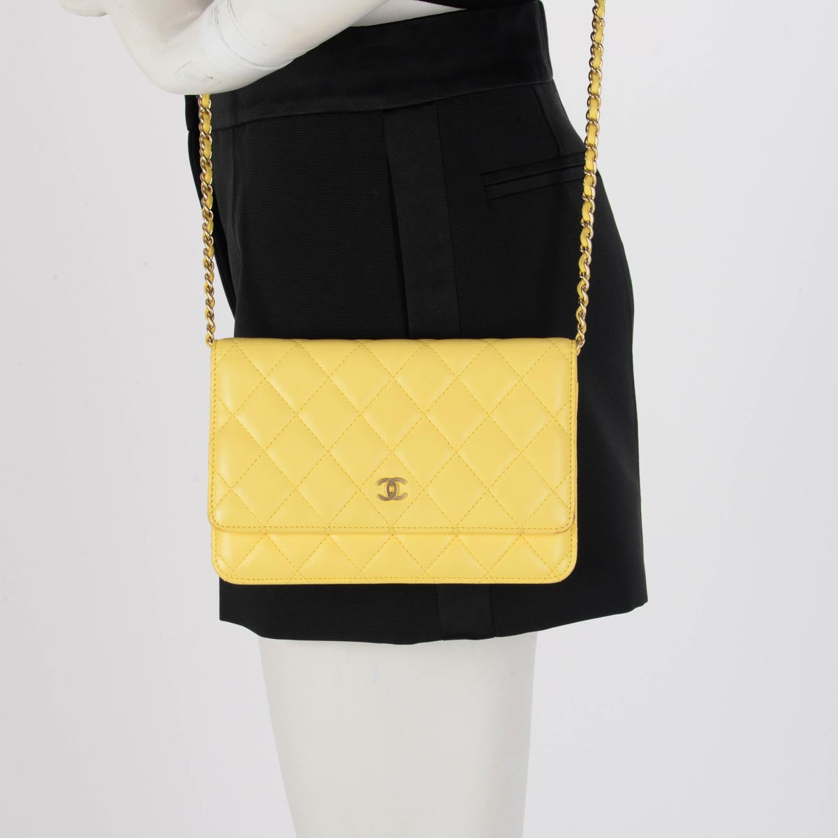 Chanel Yellow Quilted Lambskin Classic Wallet On Chain