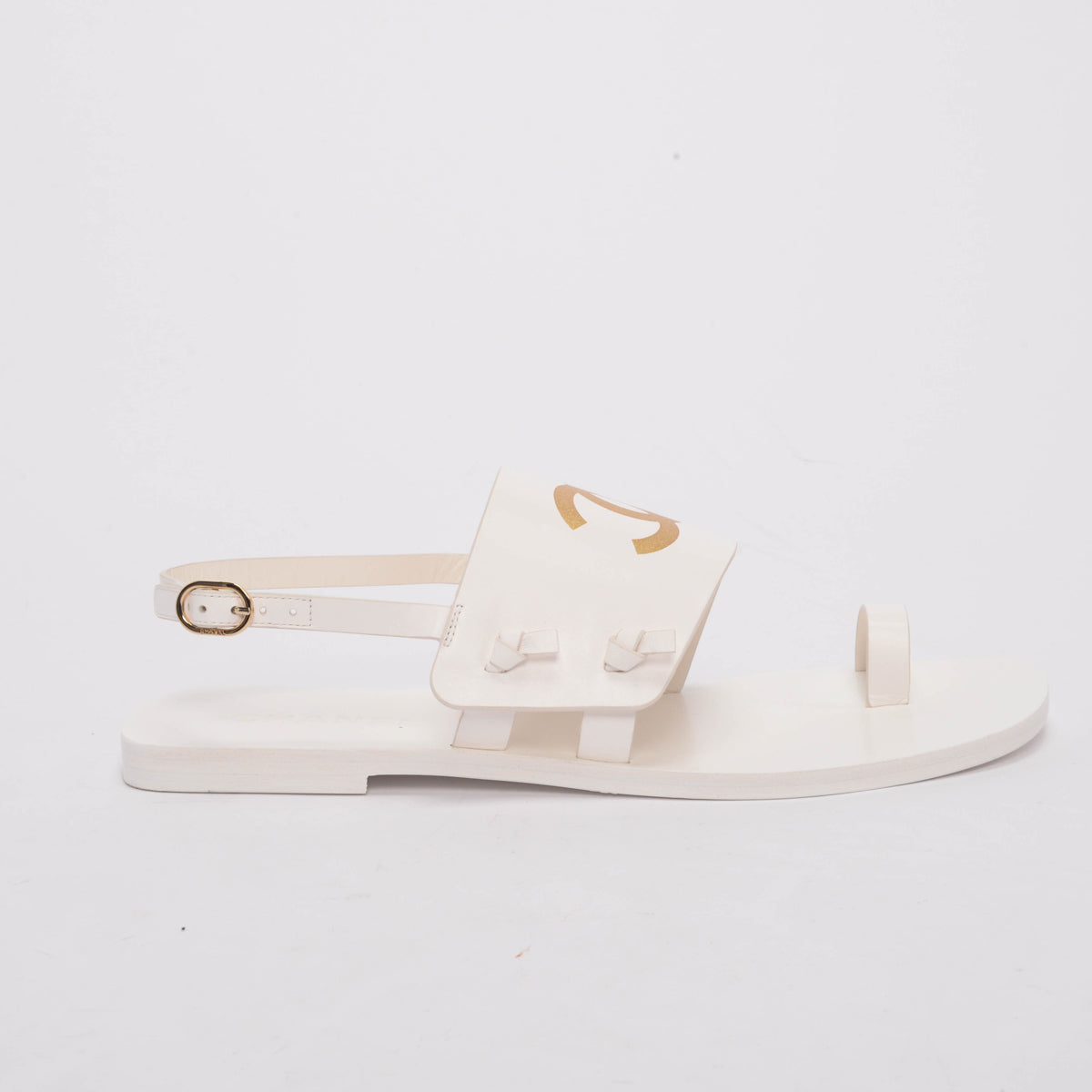 Chanel White & Gold Leather CC Strap Sandals 40