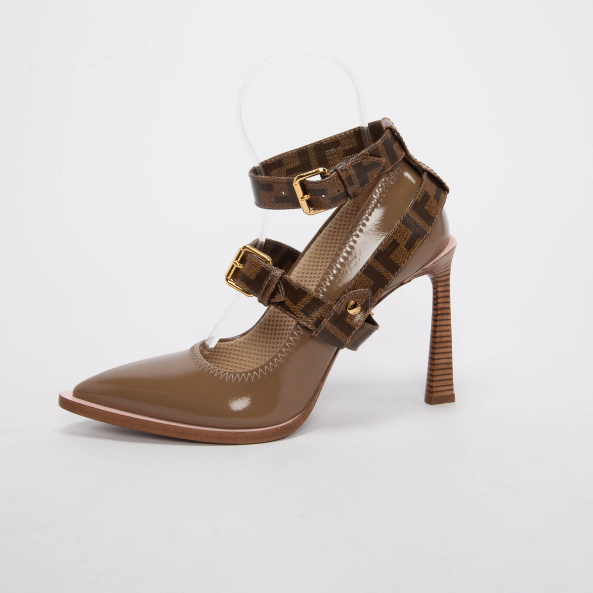 Fendi Brown Patent FF Canvas Strap Pumps 40