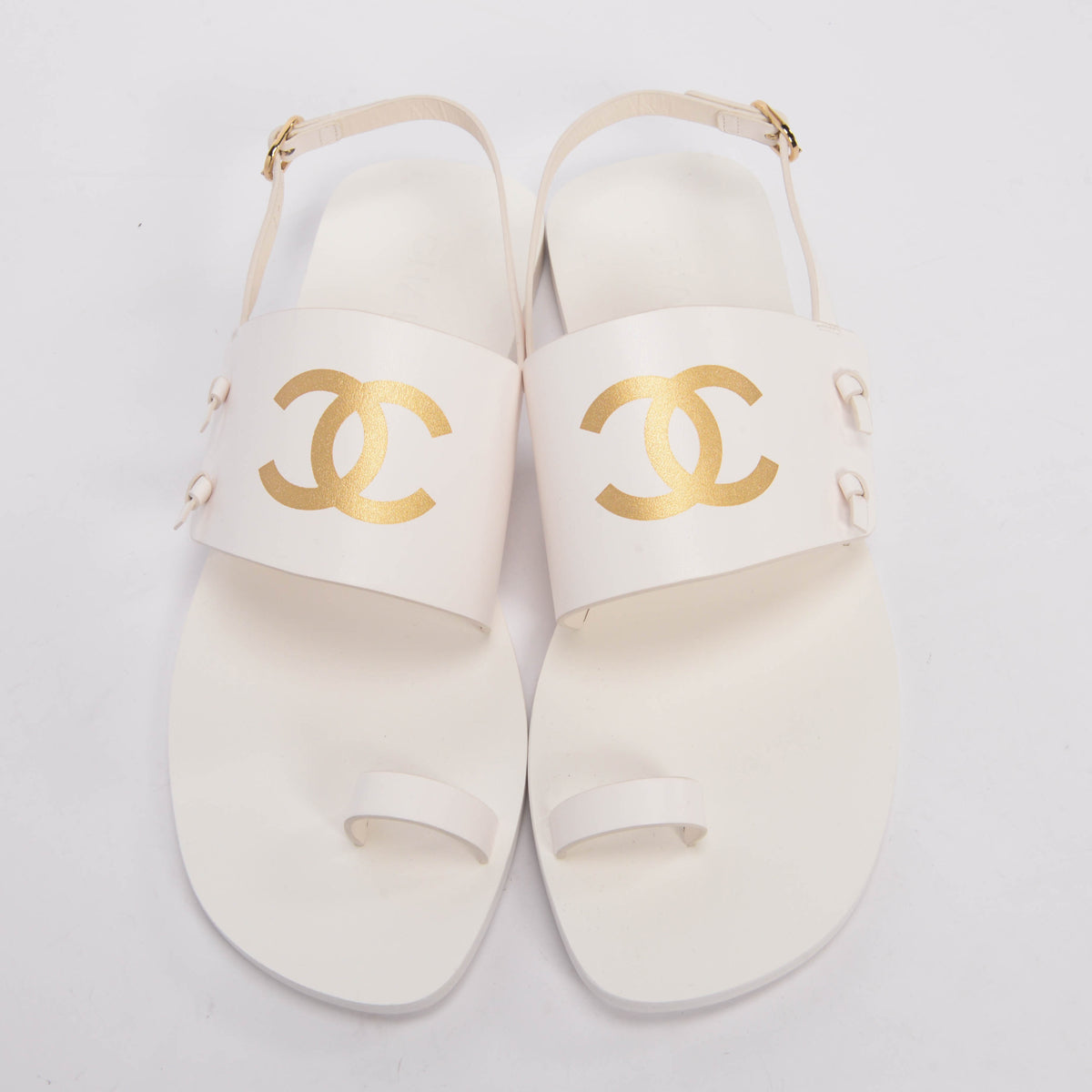 Chanel White & Gold Leather CC Strap Sandals 40