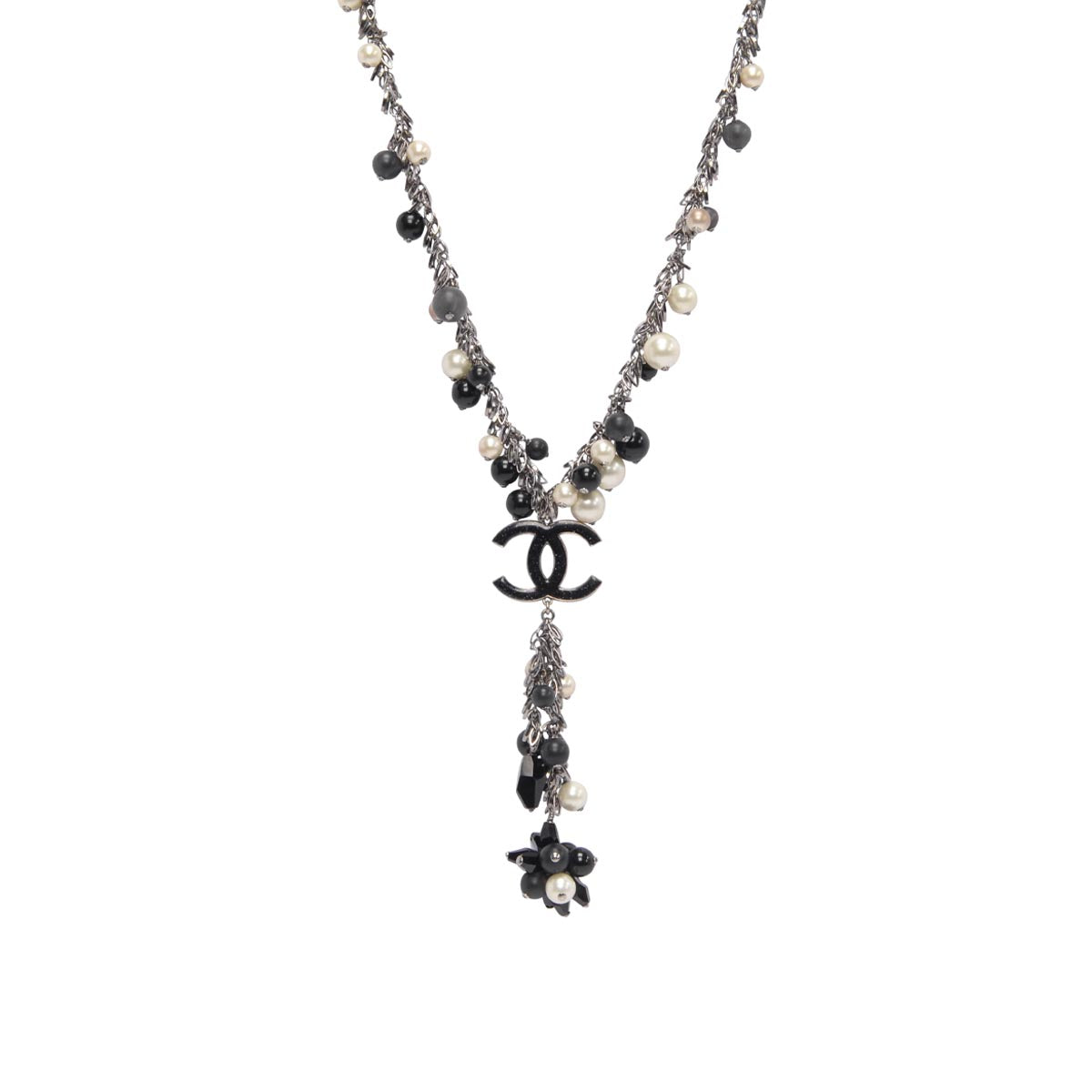 Chanel Pearl & Black Beaded Silver Chain CC Necklace