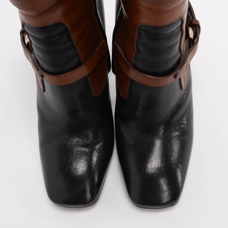 Prada Black & Tan Leather Strap Detail Boots 38.5 - Blue Spinach