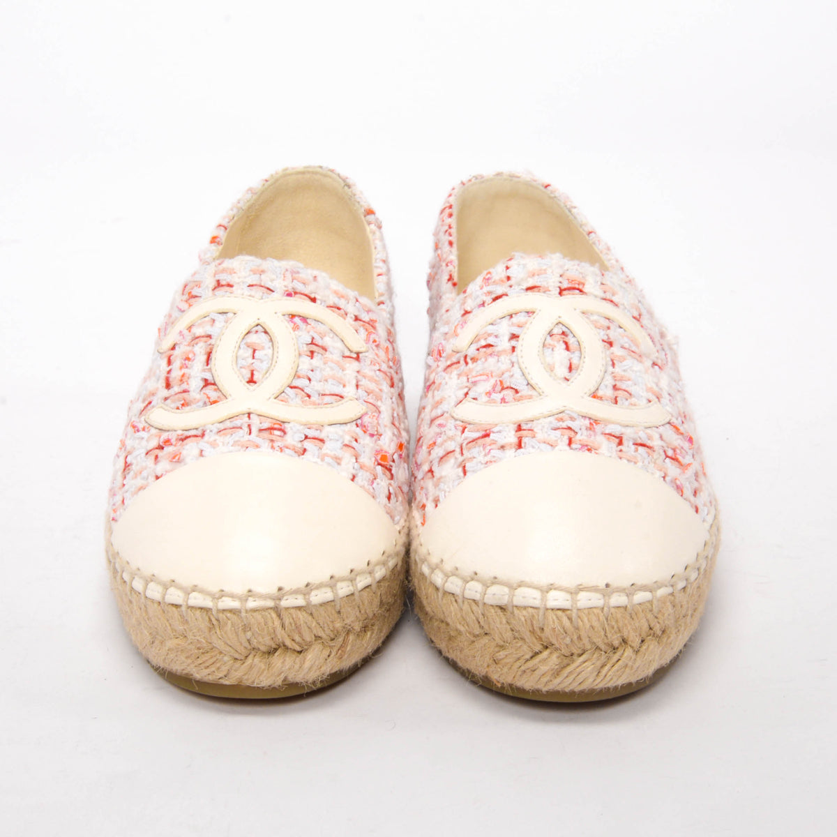 Chanel White & Pink Tweed CC Espadrilles 37