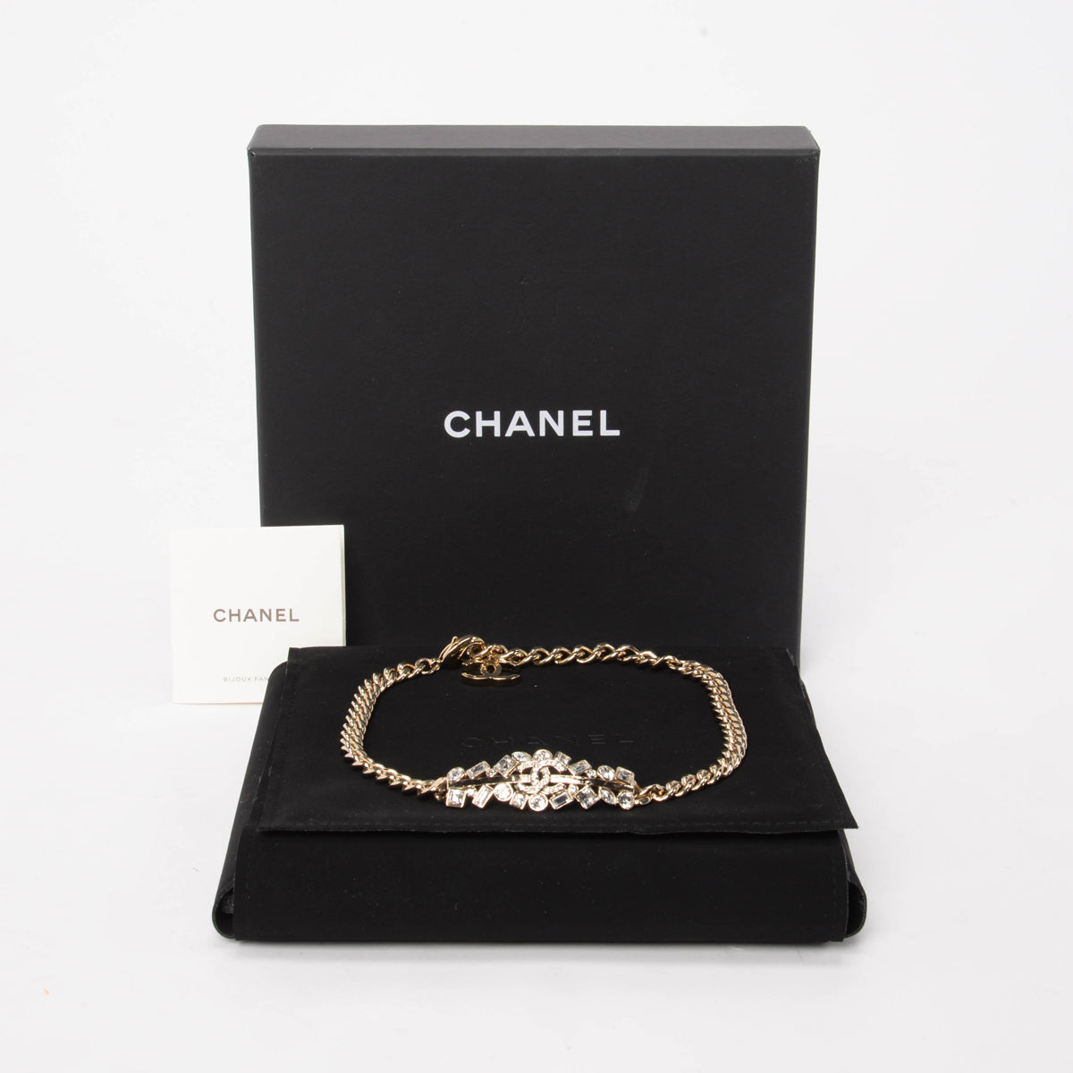 Chanel Light Gold Crystal CC Bar Choker Necklace