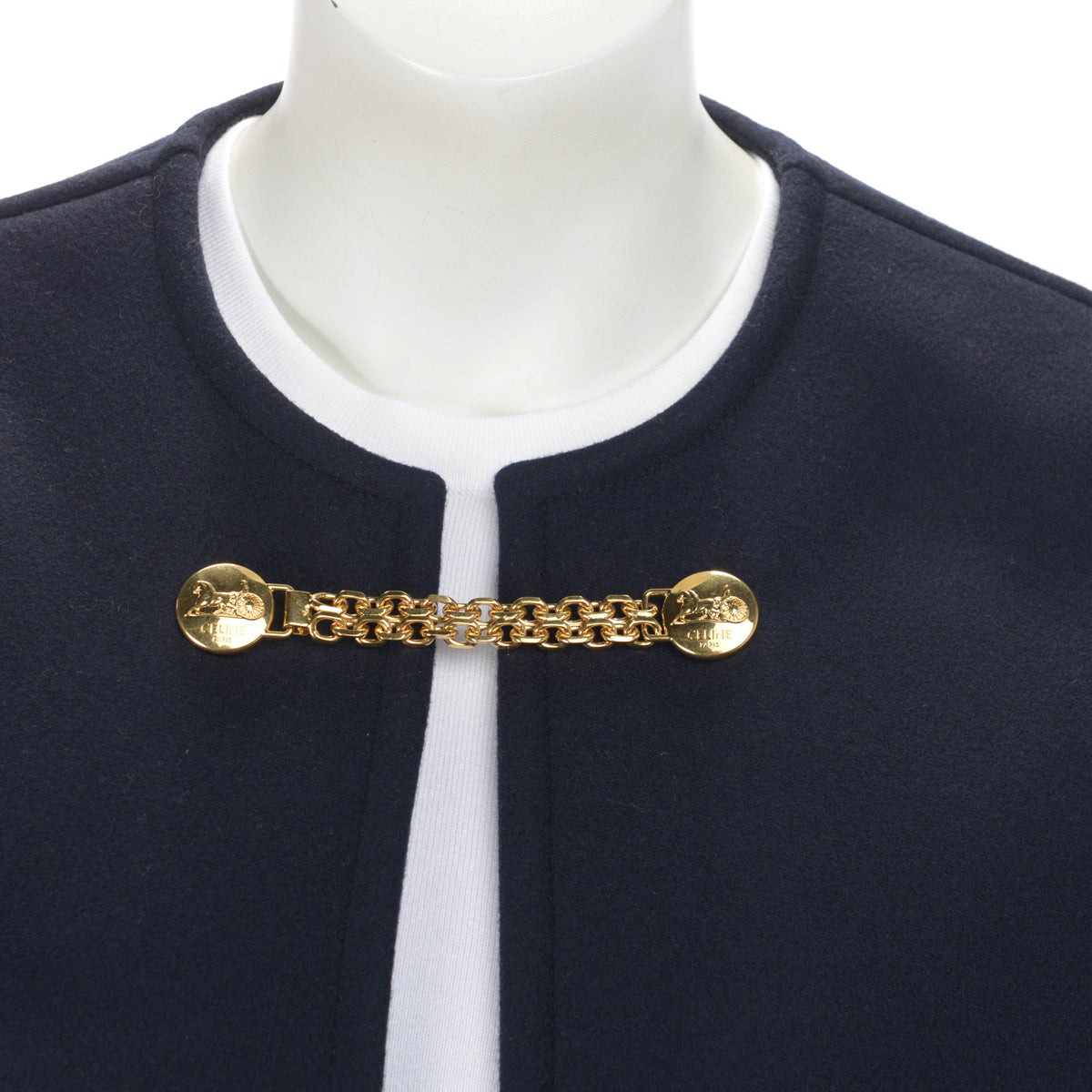 Celine Navy Wool Melton V-Neck Chain Pullover FR 38