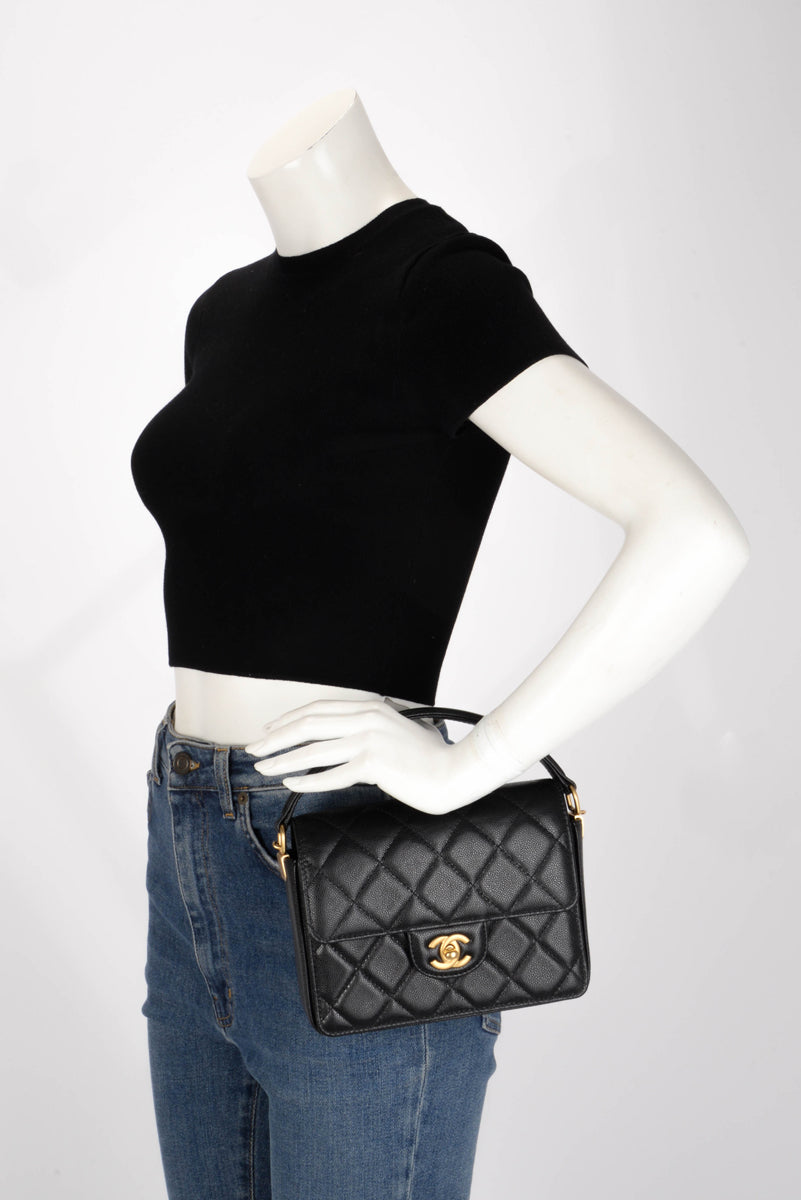 Chanel Black Quilted Caviar Flap Bag with Top Handle