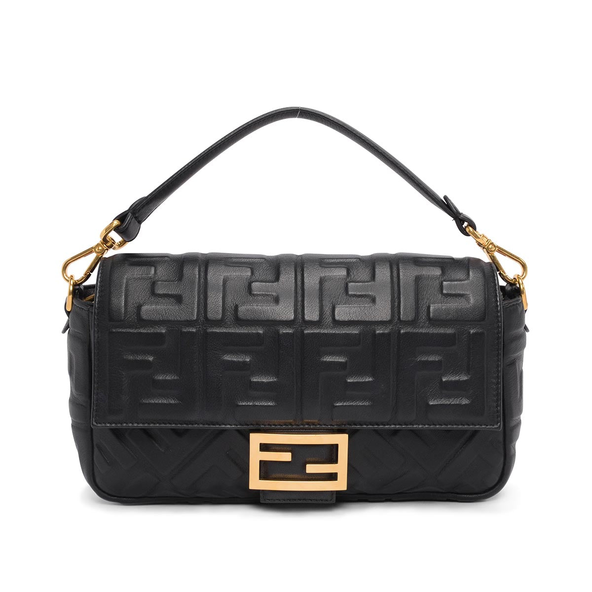 Fendi Black Nappa Leather FF 1974 Embossed Baguette