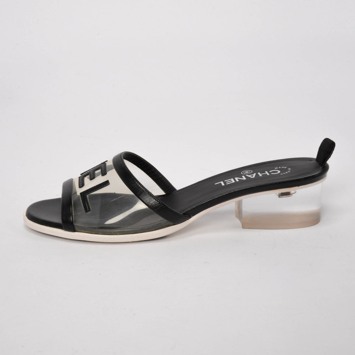 Chanel Black PVC & Lambskin Logo Sandals 40.5
