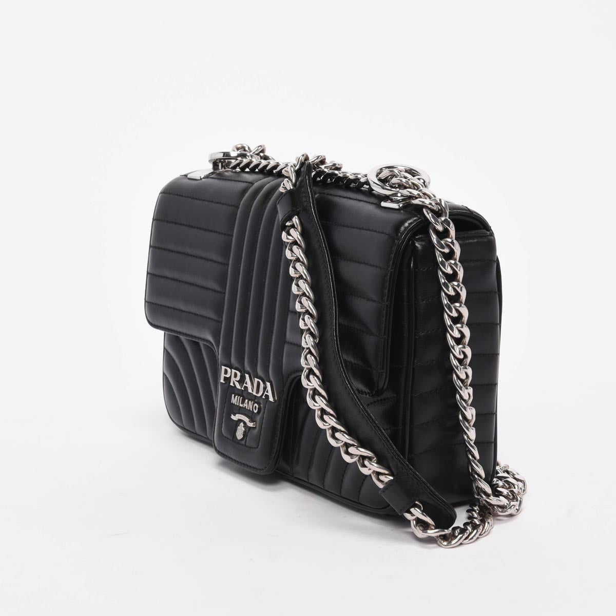 Prada Black Soft Calfskin Impunture Diagramme Medium Bag