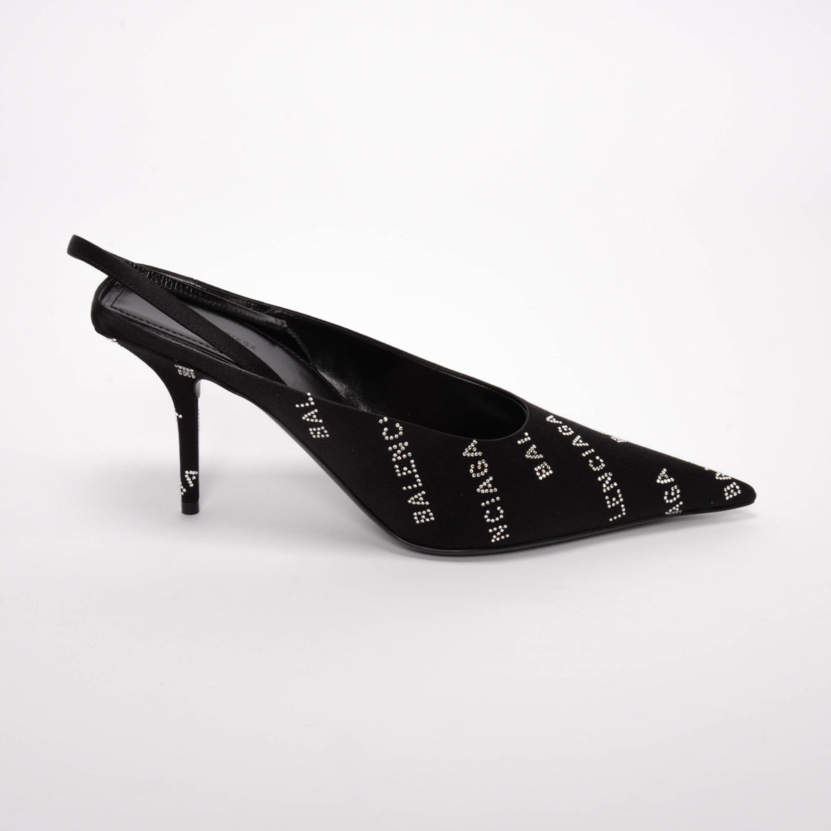Balenciaga Black Satin Square Knife Crystal Logo Slingbacks 38