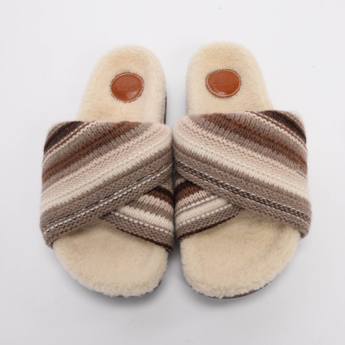 Chloe Brown Shearling Wavy Knit Slides 41